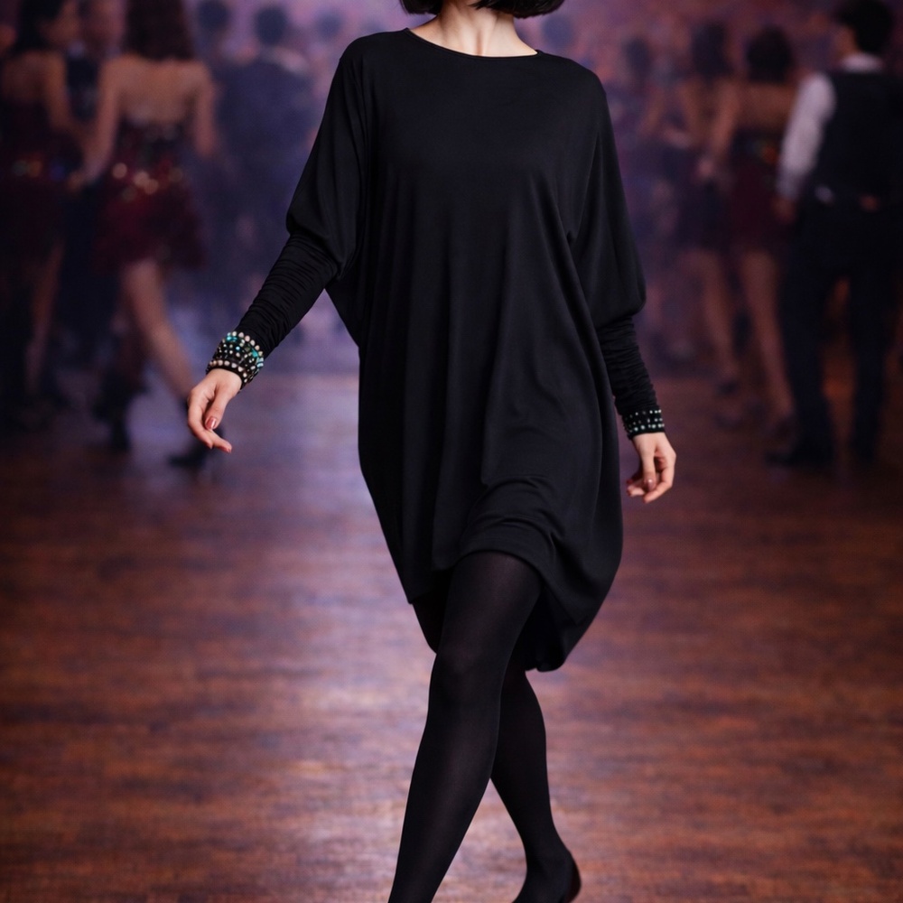 Norma Kamali OMO Dress Black Dolman Scrunchy Batwing Sleeve Vintage 80s Size M - Picture 3 of 15